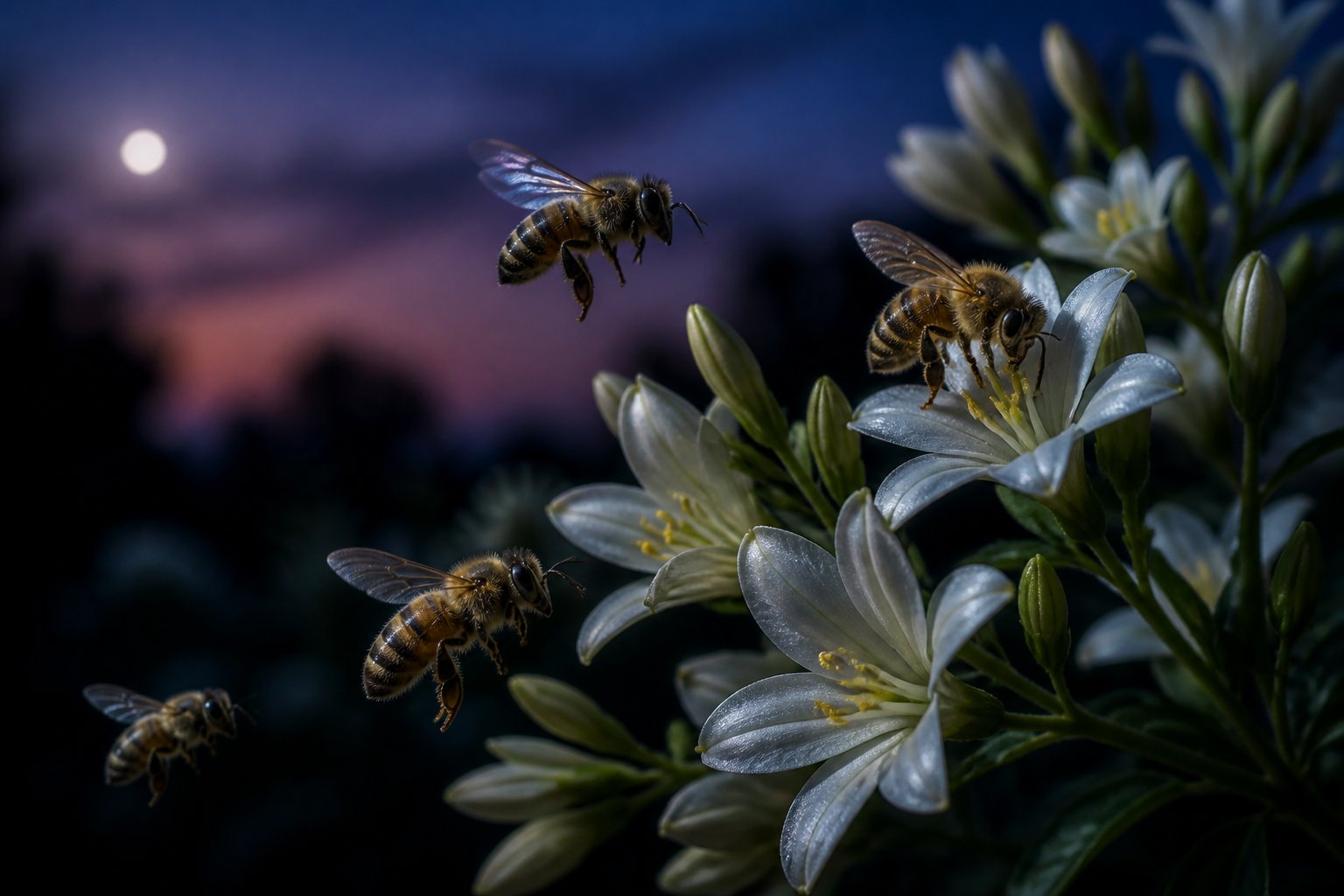 Close-up of bees flying and landing on flowers during low light at dusk or night.