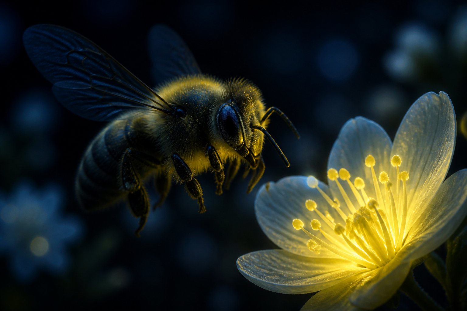 Close-up of a bee hovering near a softly glowing flower in dim light with dark blurred background.