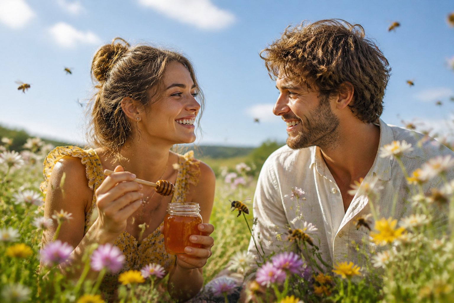 A smiling woman and man talking in a sunny meadow with wildflowers and bees flying around them.