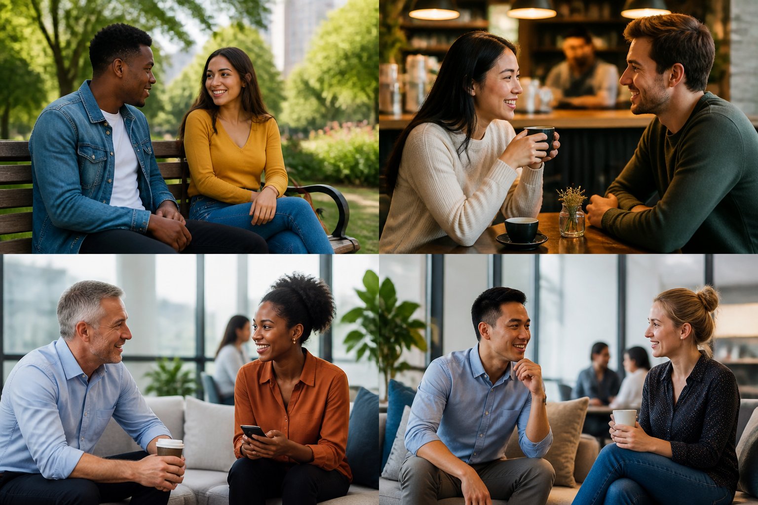 A diverse group of people interacting warmly in a park, coffee shop, and office lounge, smiling and engaging in friendly conversations.