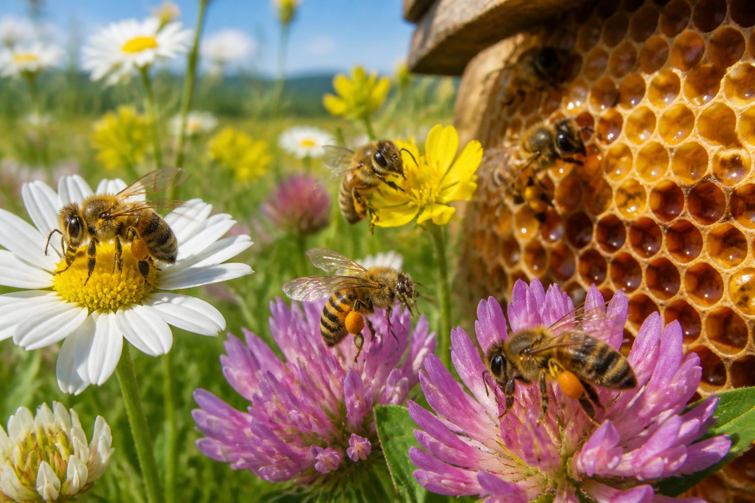Close-up of honey bees collecting nectar from colorful flowers near a beehive with honeycomb cells.