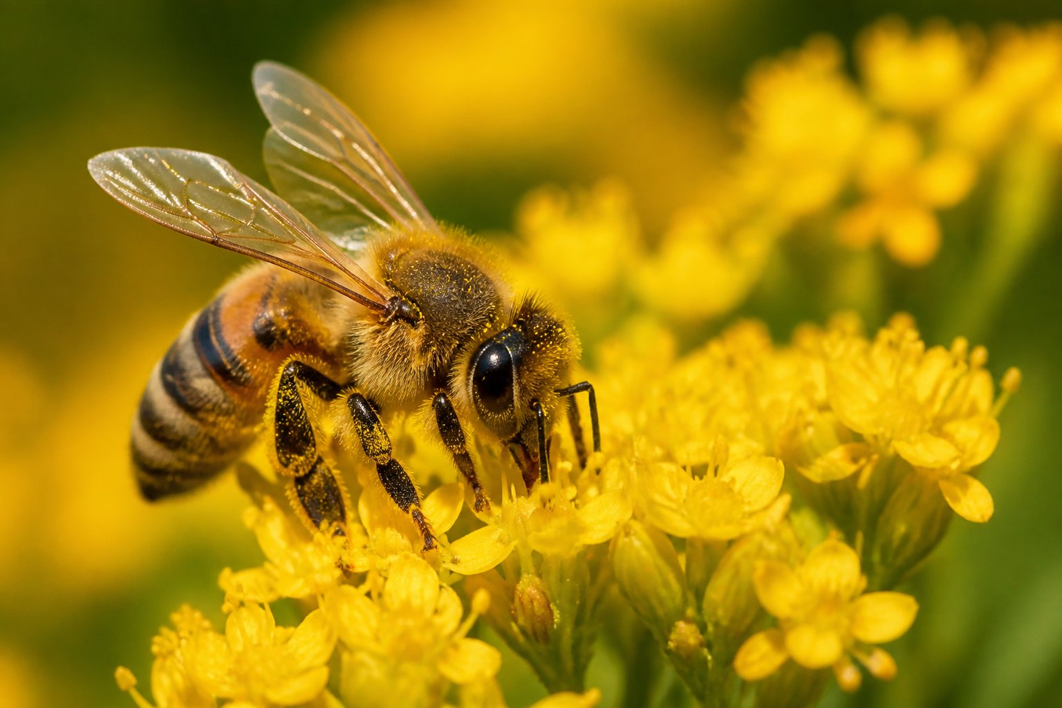 A honeybee collecting honey from yellow flowers in a sunlit meadow.