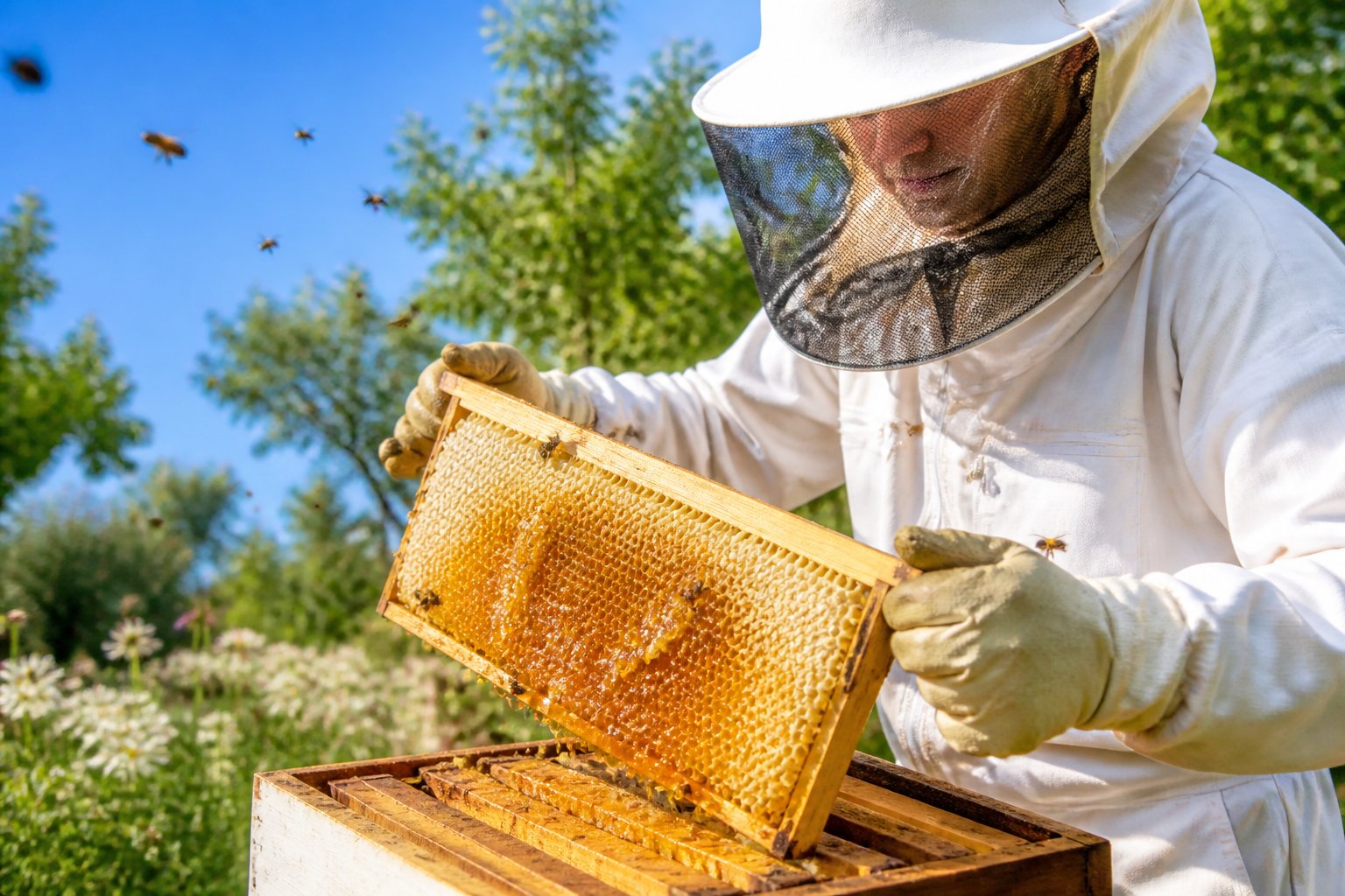A beekeeper in protective clothing harvesting honey from a beehive outdoors with bees flying around.