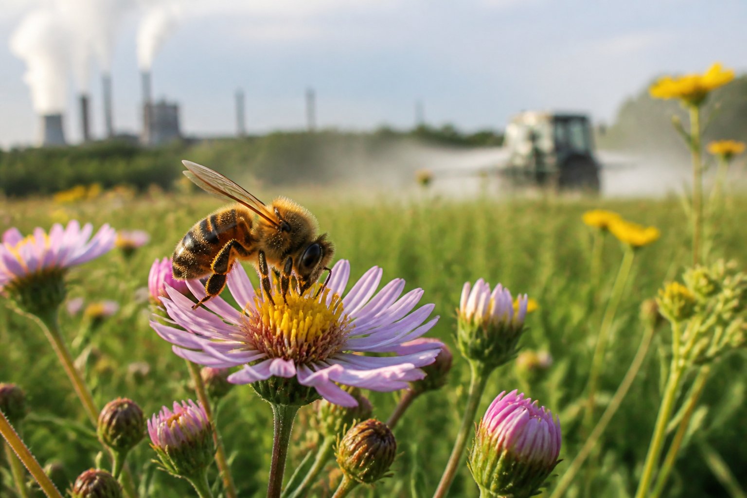 A close-up of a bee collecting nectar on a flower with a natural green background and faint signs of environmental threats in the distance.