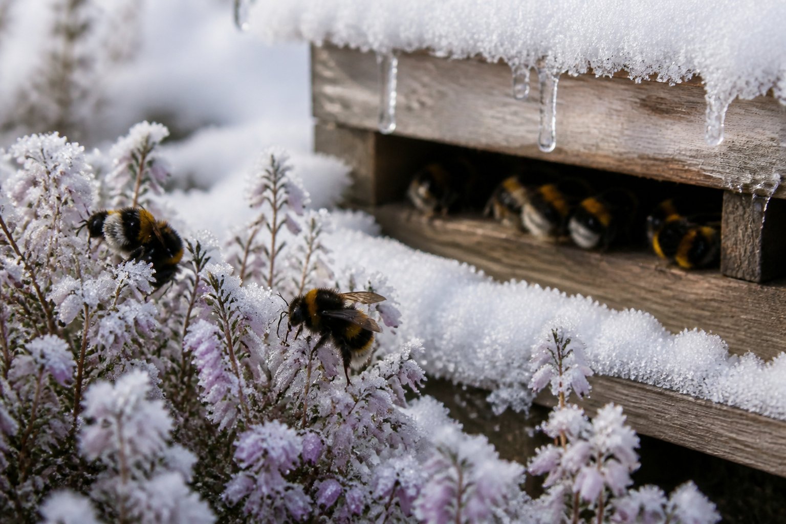 Close-up of bees on snow-covered flowers near a partially snow-covered beehive in a winter garden.