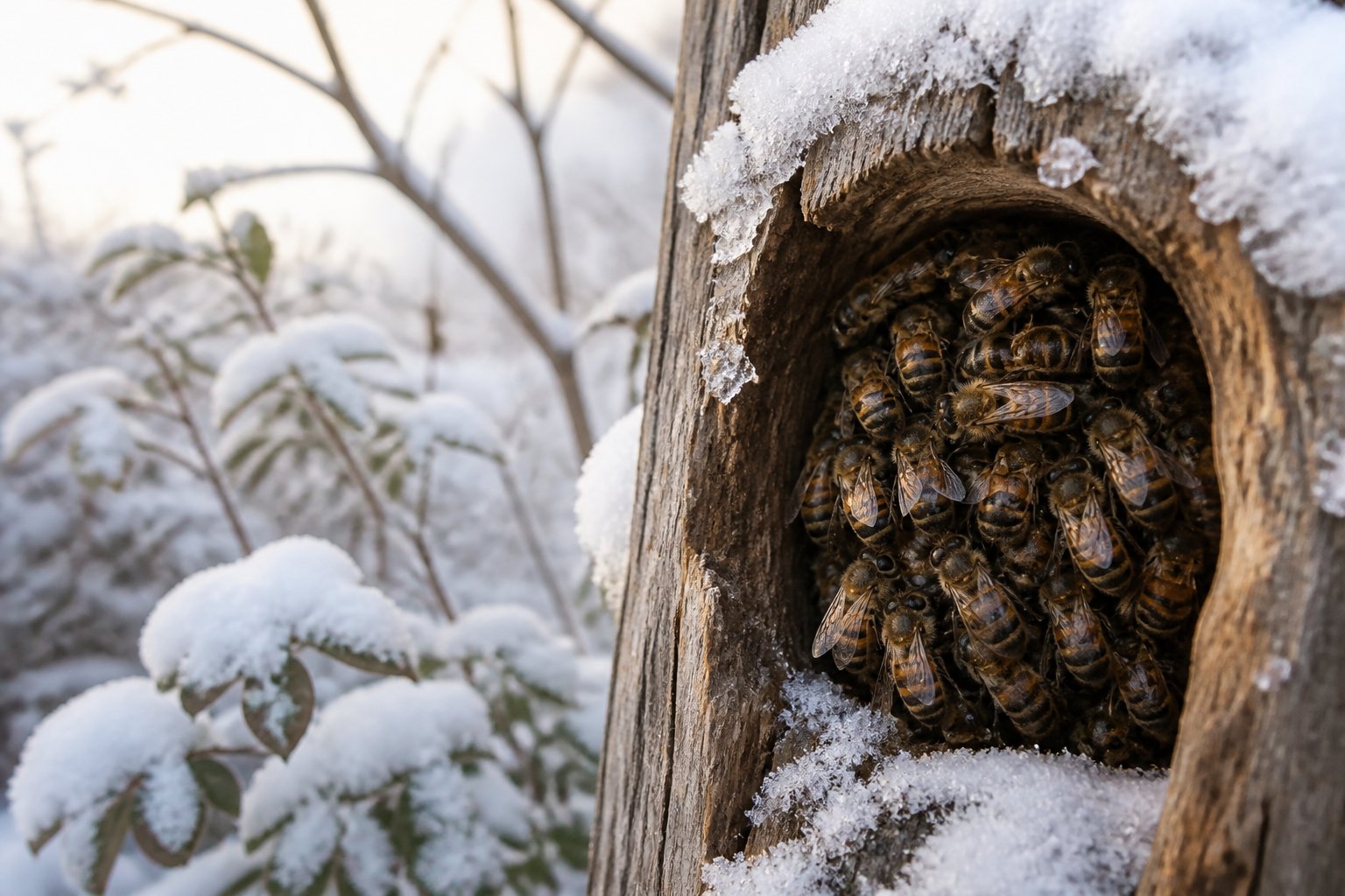 Close-up of bees huddled together in a sheltered spot surrounded by snow-covered branches in a winter garden.