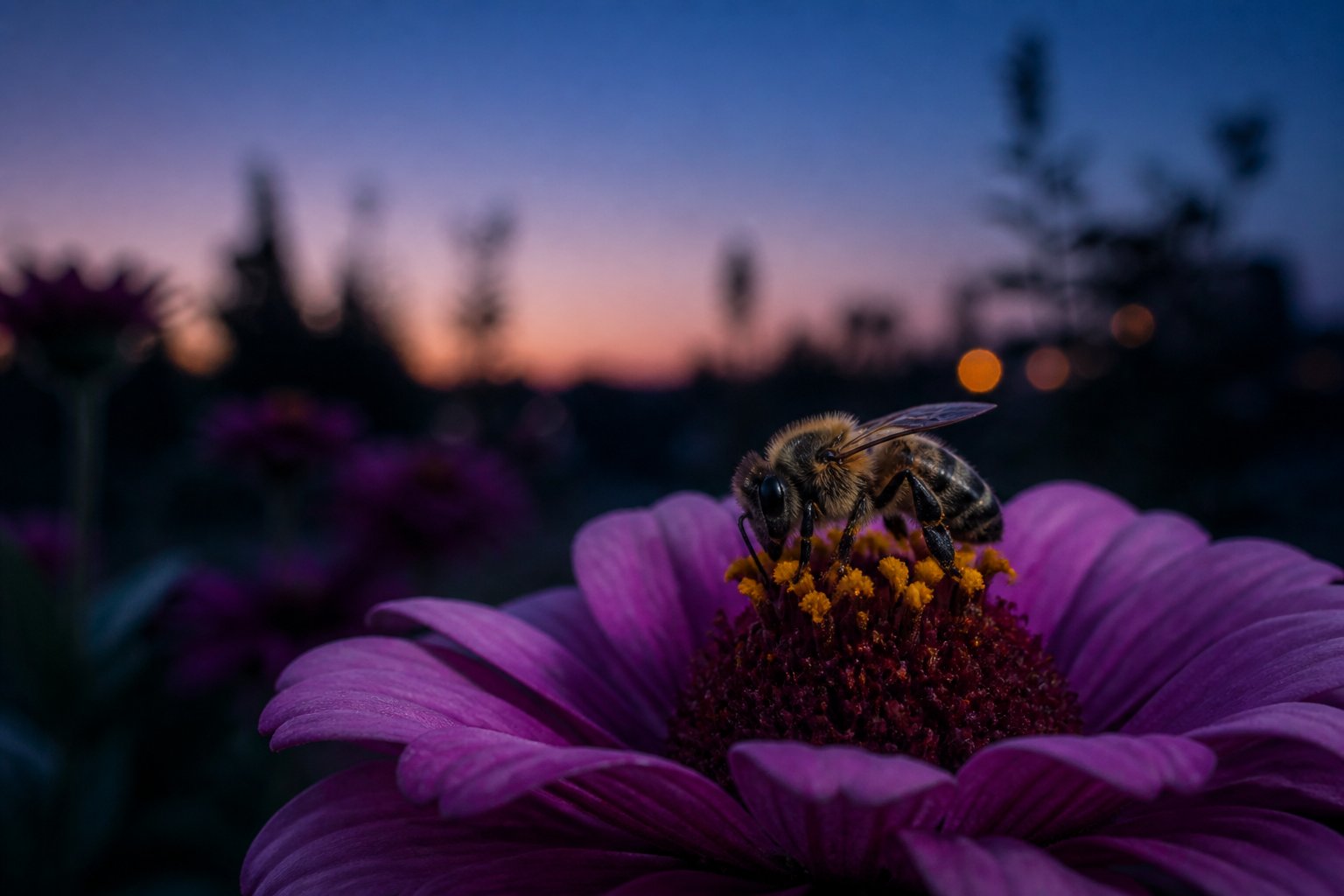 A close-up of a honeybee resting on a flower in a garden at twilight with dimming natural light and blurred flowers in the background.