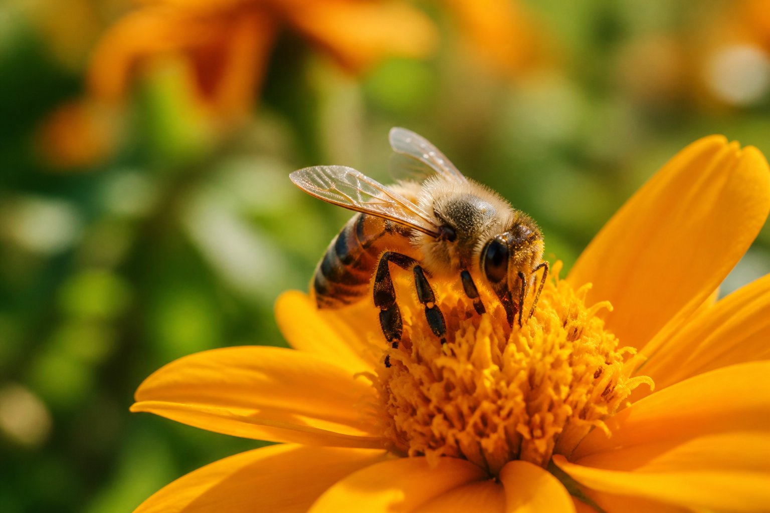 A close-up of a bee collecting nectar from a flower in a garden.