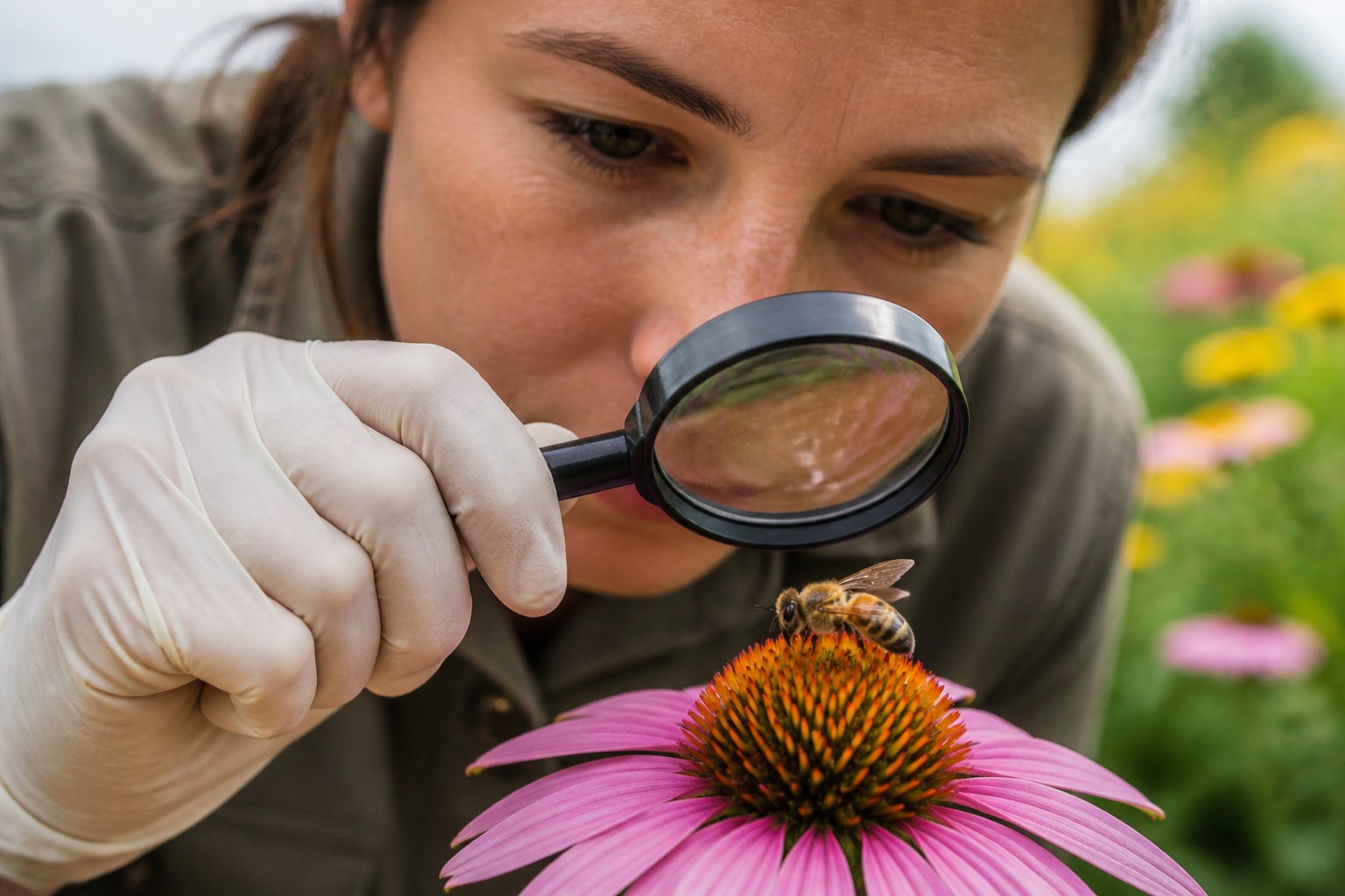 A person wearing gloves closely examining a honeybee on a flower with a magnifying glass in a garden.