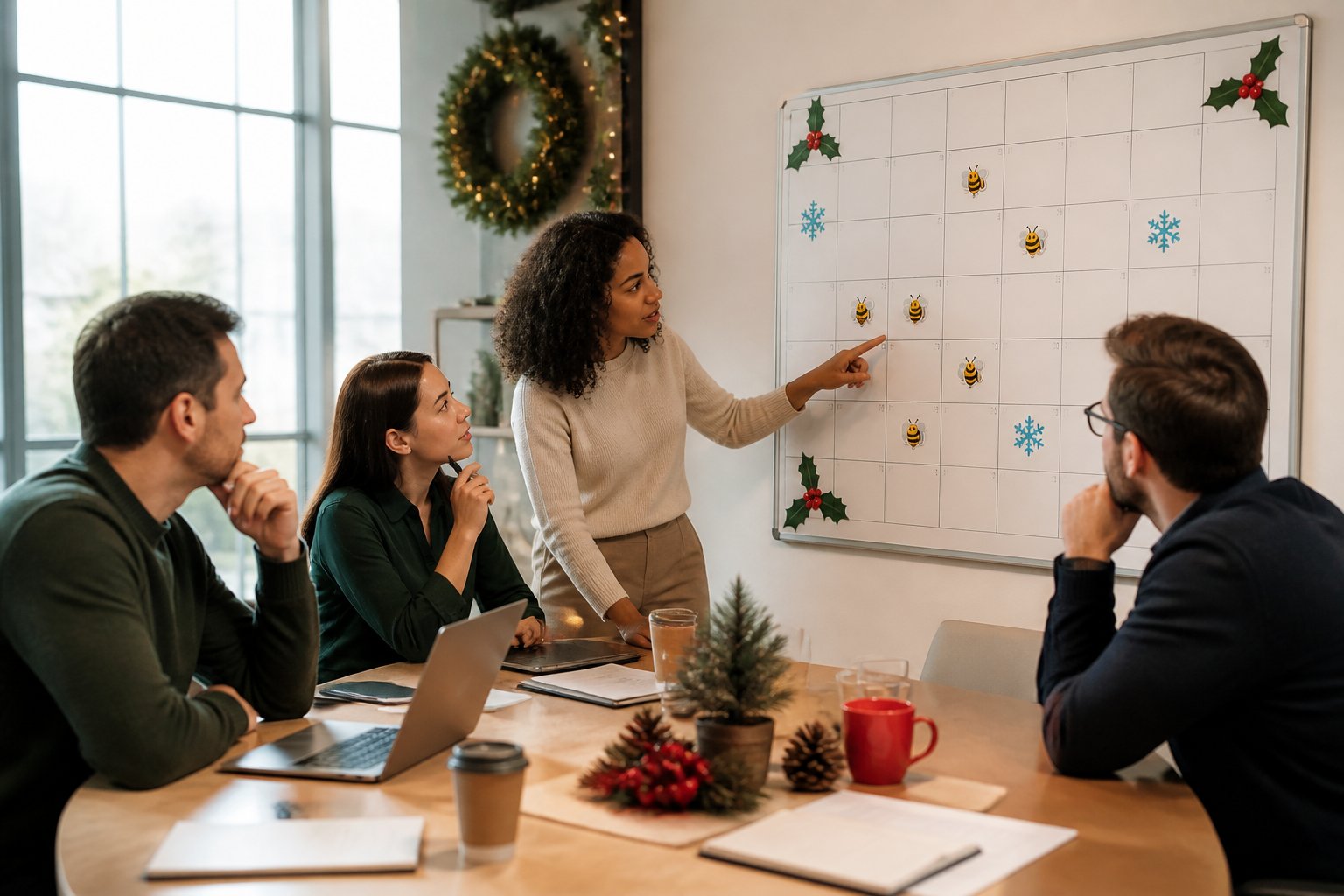 A group of coworkers in an office looking at a December calendar decorated with bee icons and holiday decorations, discussing a date.