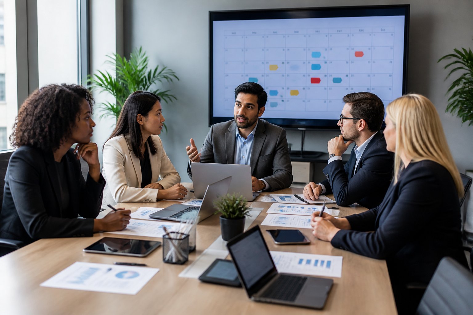 A group of business professionals in an office meeting around a table with laptops and documents, discussing scheduling and status updates.