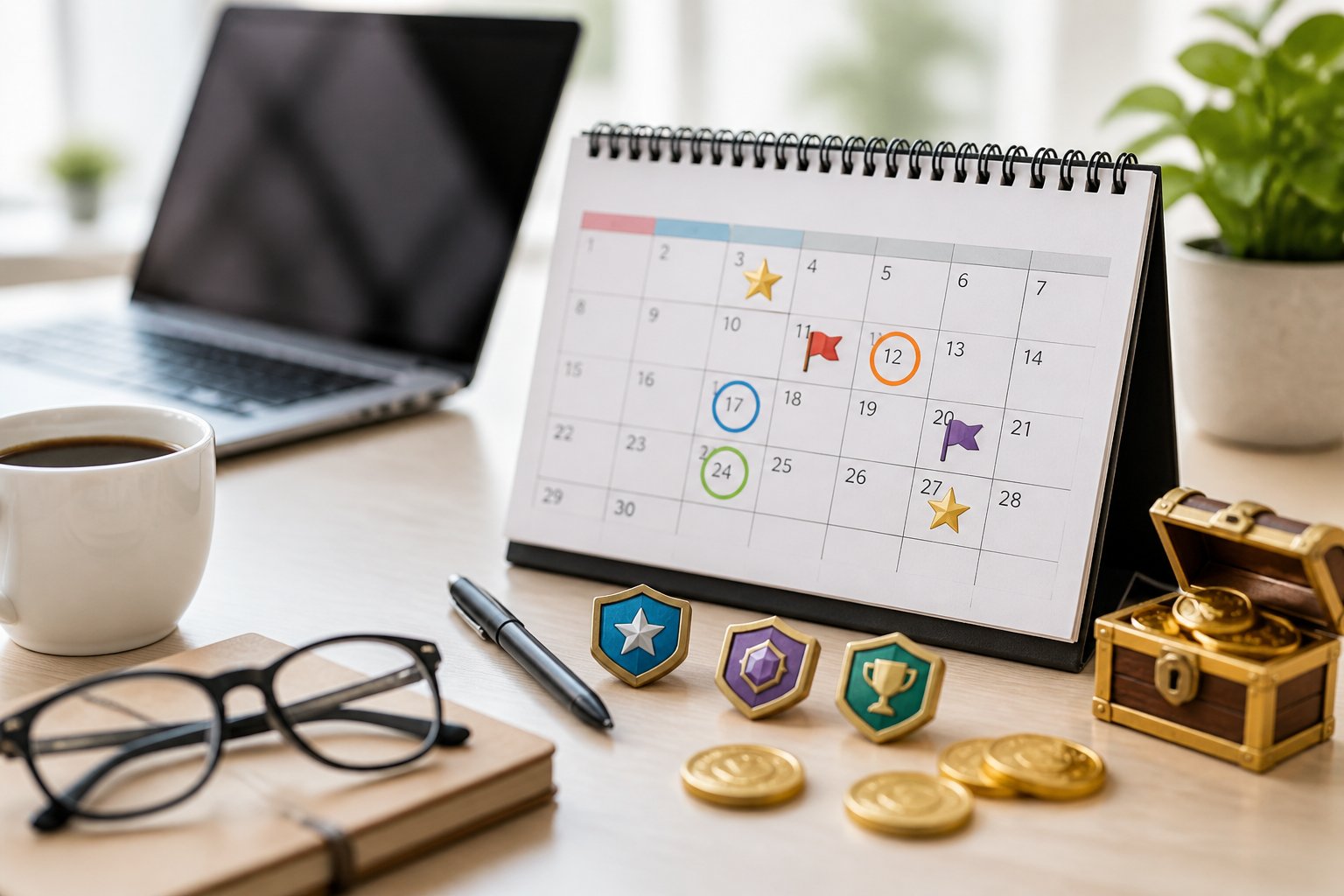 A calendar with marked dates on a desk surrounded by icons of treasure chests and coins, with a laptop and coffee cup nearby.