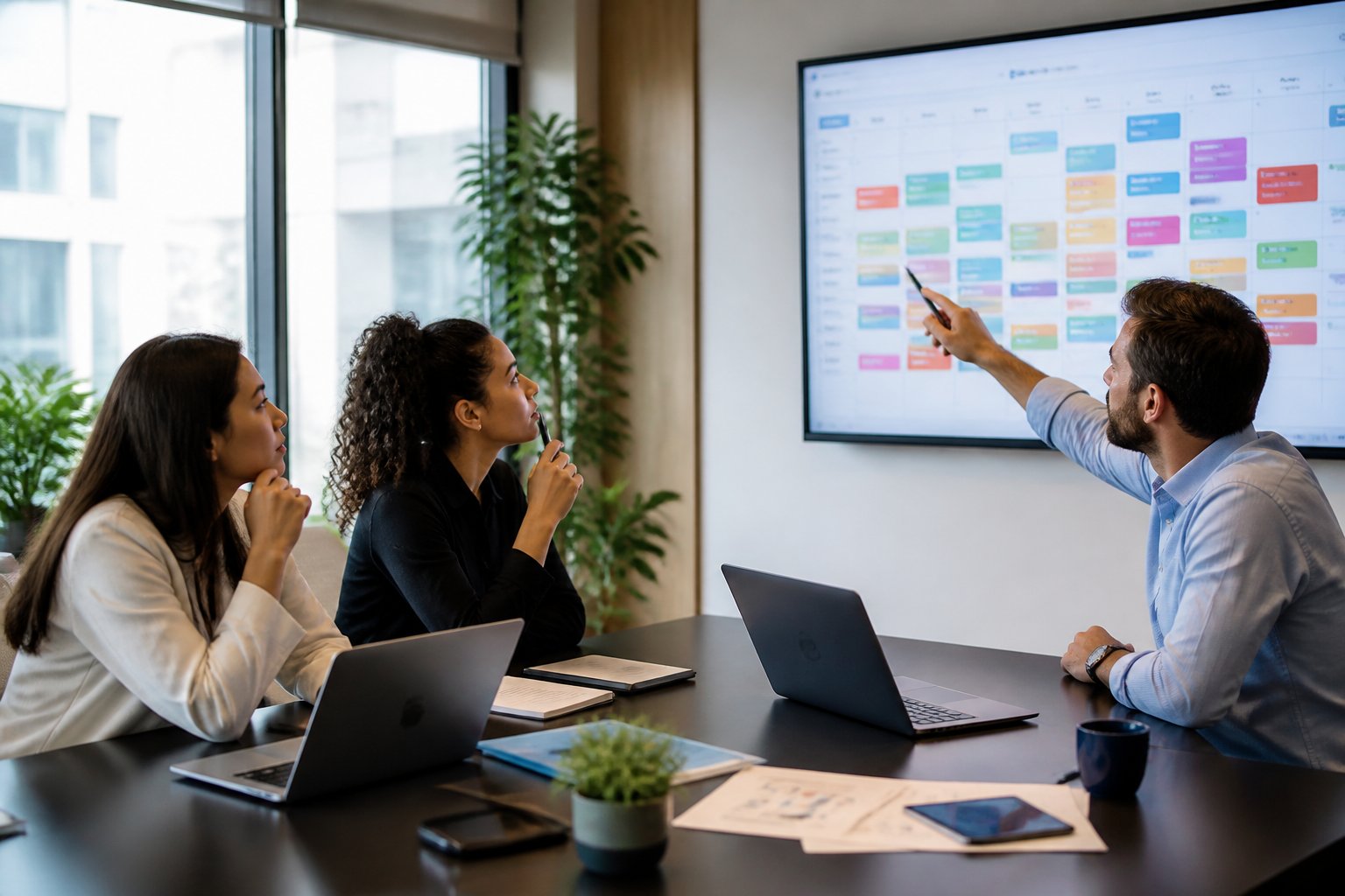 Three professionals in an office discussing a digital calendar with overlapping events, looking concerned and focused.