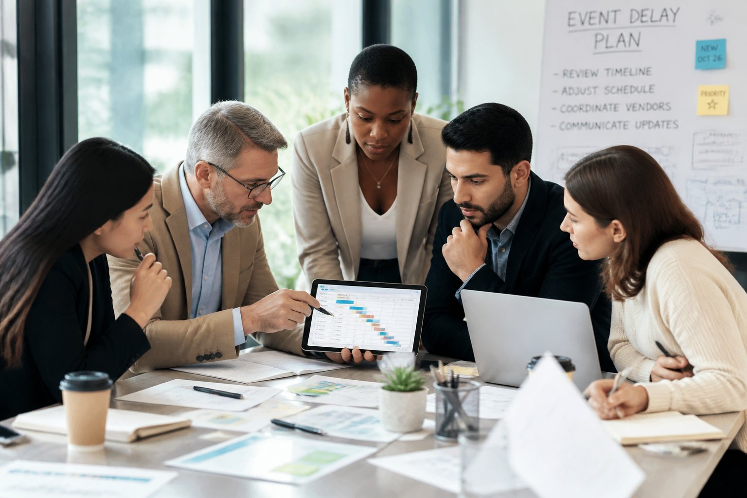 A group of people working together in an office, discussing plans around a digital tablet and laptops.
