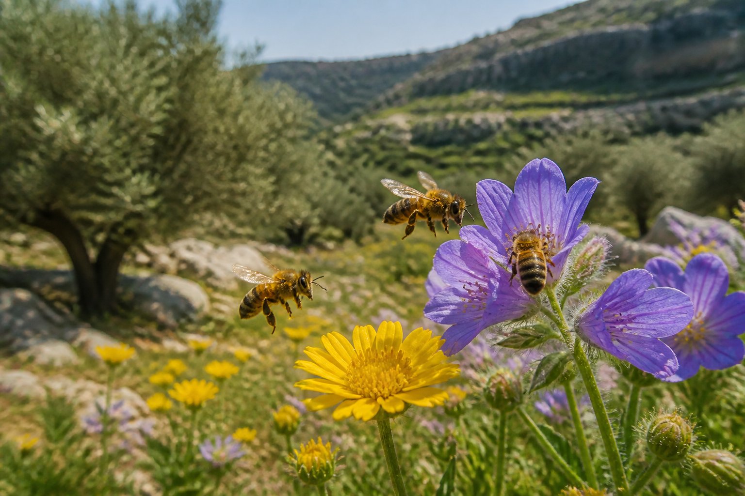 Close-up of bees pollinating wildflowers in a sunlit meadow with olive trees and rocky hills in the background.