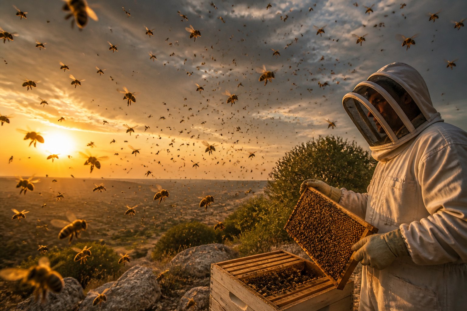 A beekeeper in protective gear observing a large swarm of bees flying over a natural landscape in Israel during sunset.