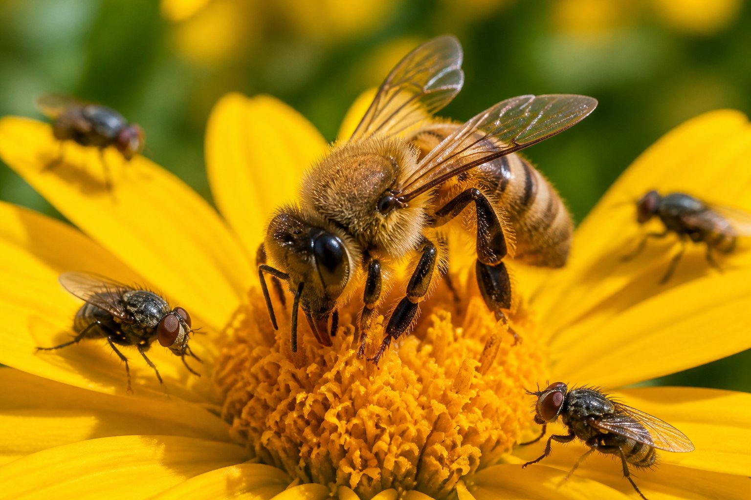 A honeybee on a yellow flower with several flies nearby in a natural outdoor setting.
