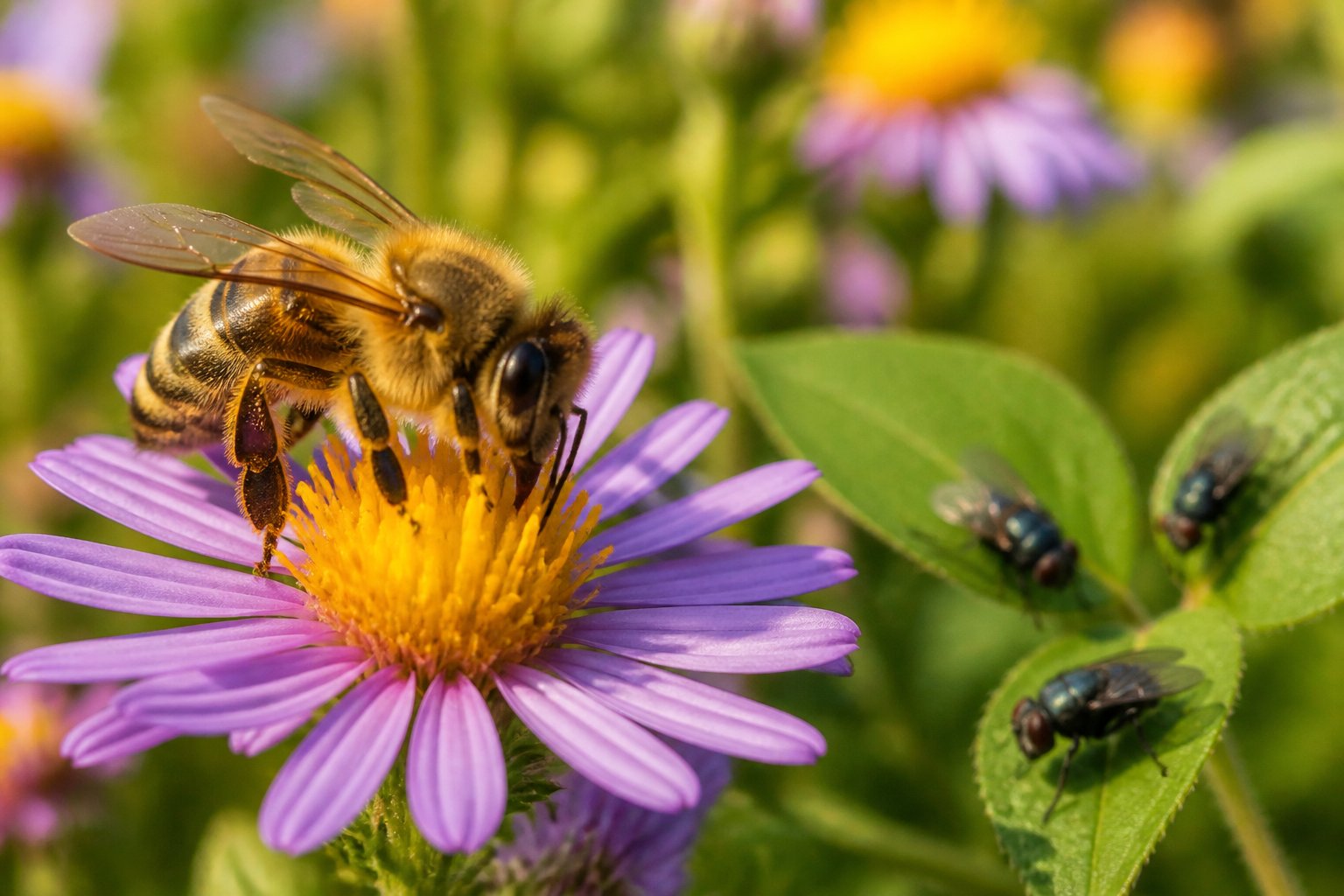 A honeybee collecting nectar on a flower with a few houseflies resting on leaves in the background.