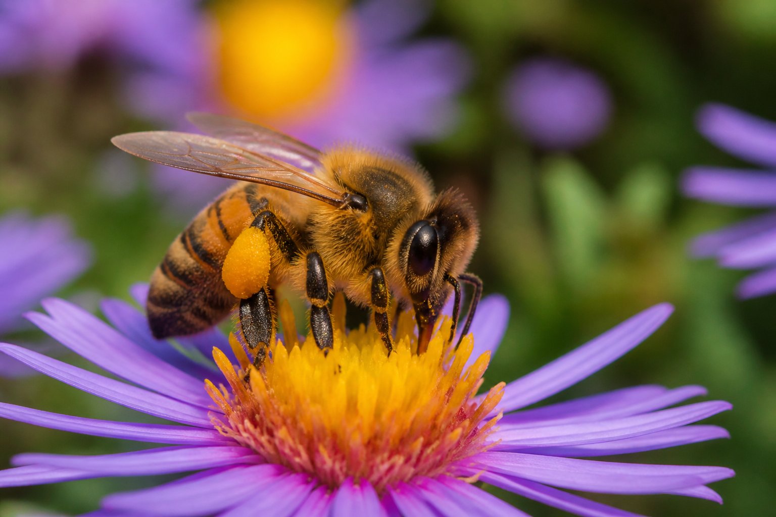 A honeybee collecting nectar from a flower in a garden.