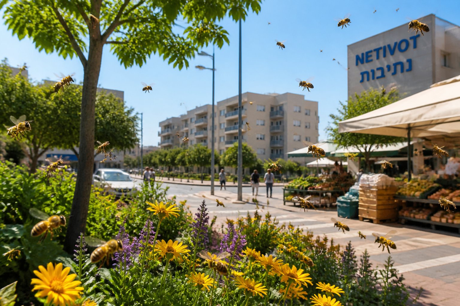 A city street in Netivot, Israel, with many bees flying around flowers and trees in a sunny urban setting.