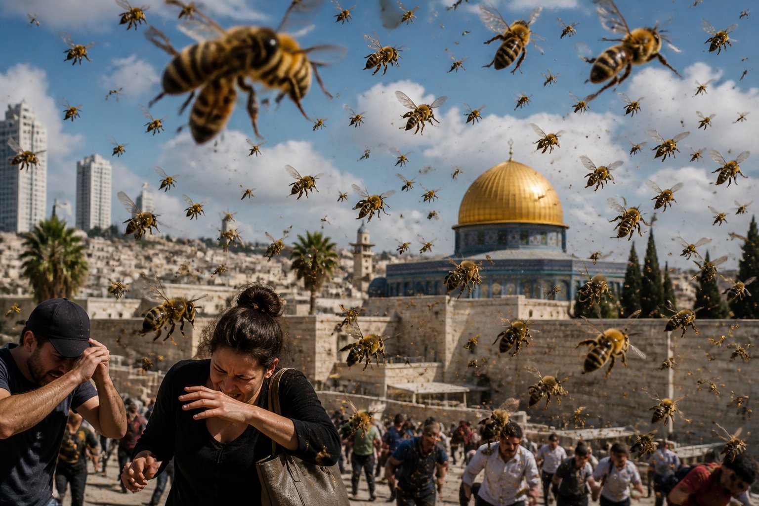 A swarm of bees flying over a city in Israel with people reacting below.
