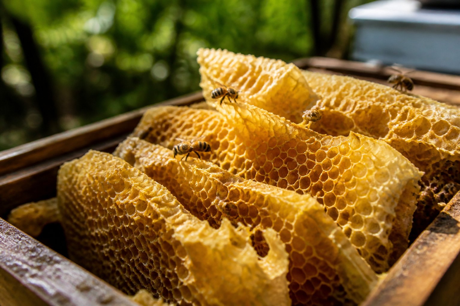 Close-up of natural beeswax comb with honeybees inside a beehive surrounded by green foliage.