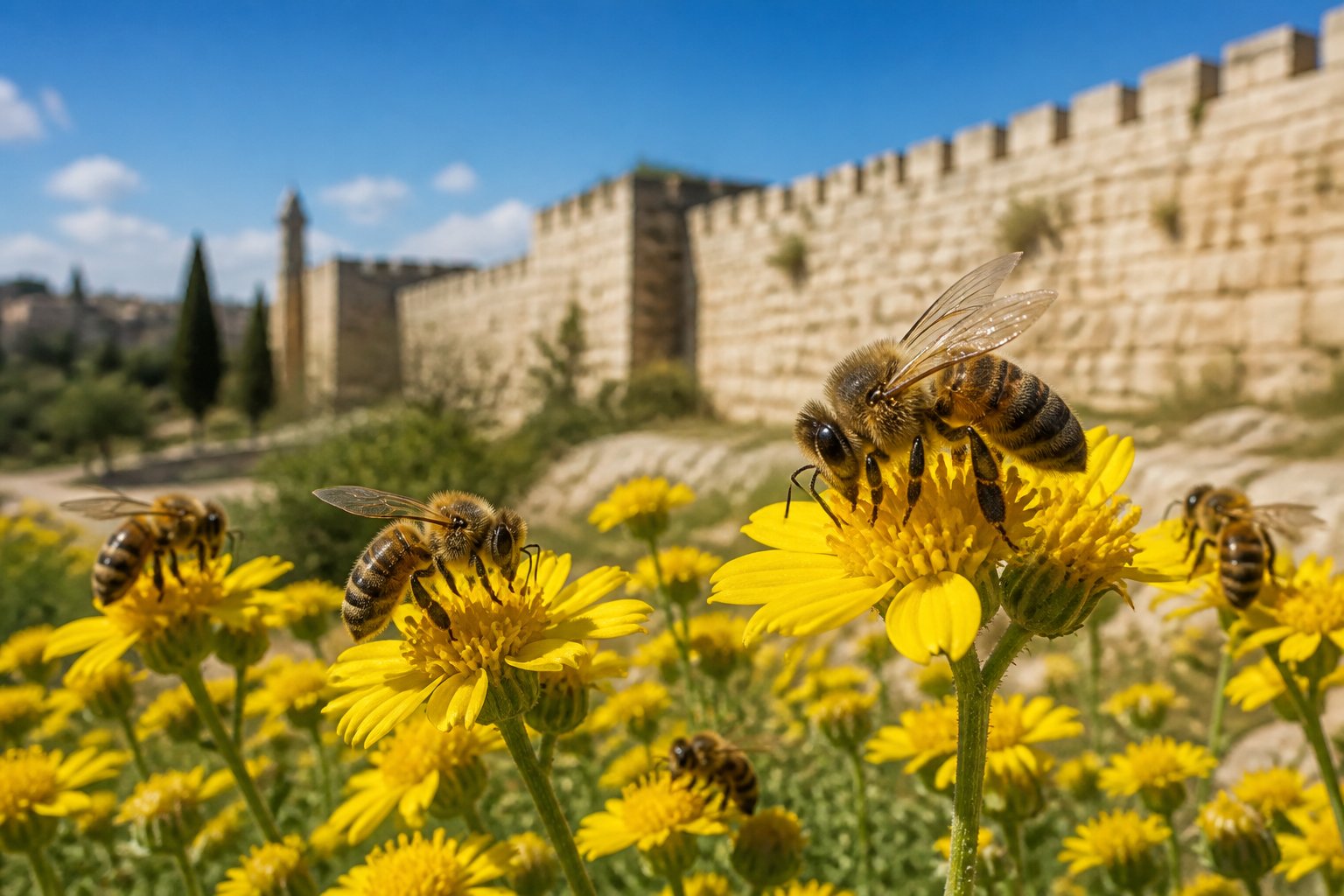 Honeybees pollinating yellow wildflowers with an ancient stone wall in the background under a clear blue sky.