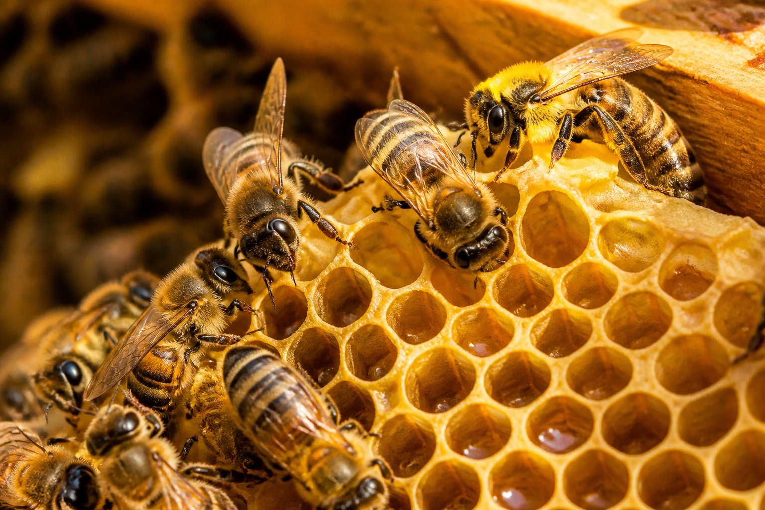 Honey bees building and working on a honeycomb inside a beehive.