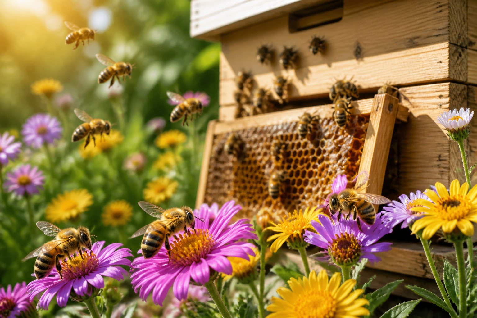 Honey bees collecting nectar from flowers near a wooden beehive with visible honeycomb.