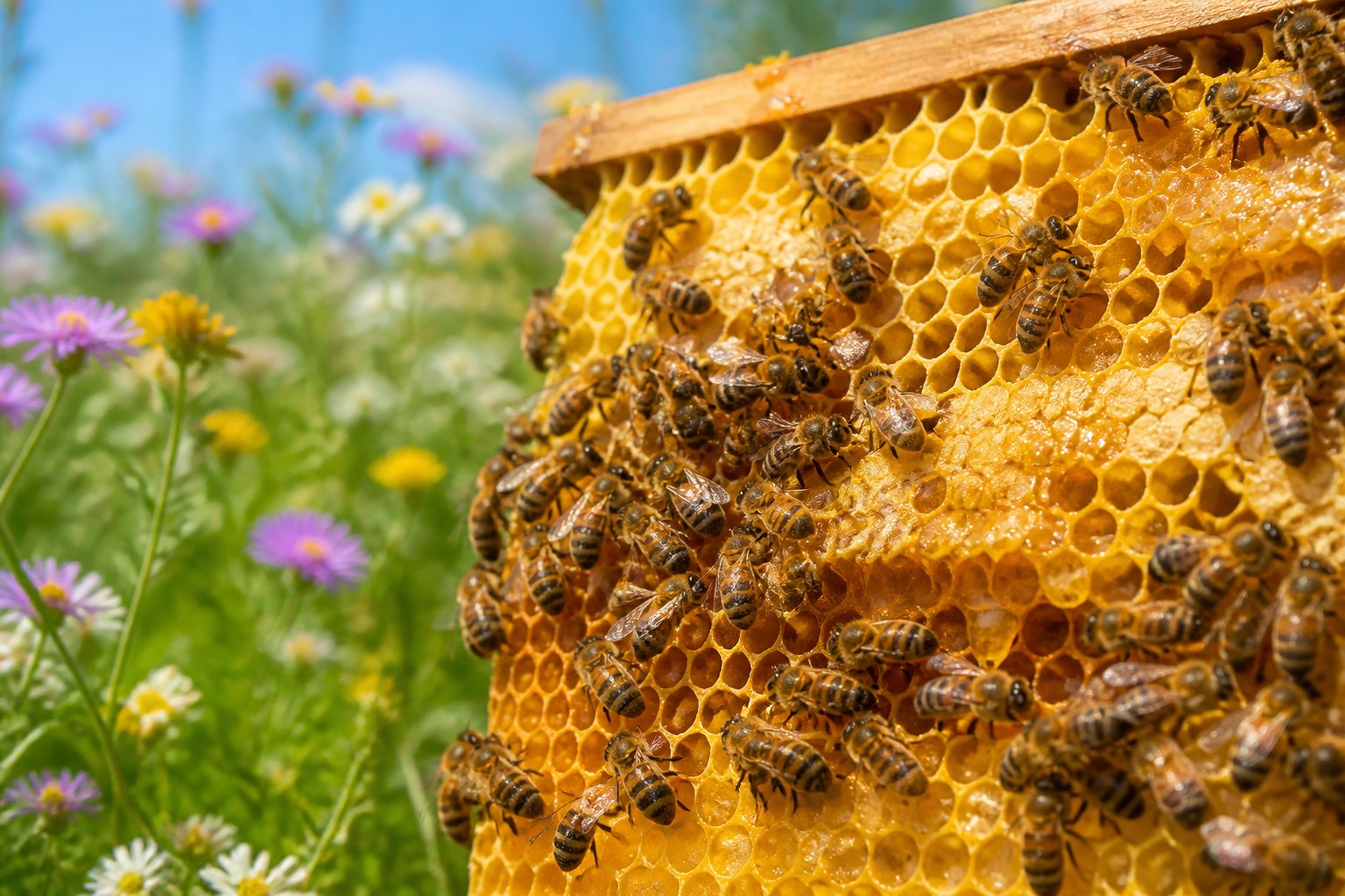 Close-up of a honeybee hive with bees working on honeycomb filled with beeswax and honey surrounded by flowers and greenery.
