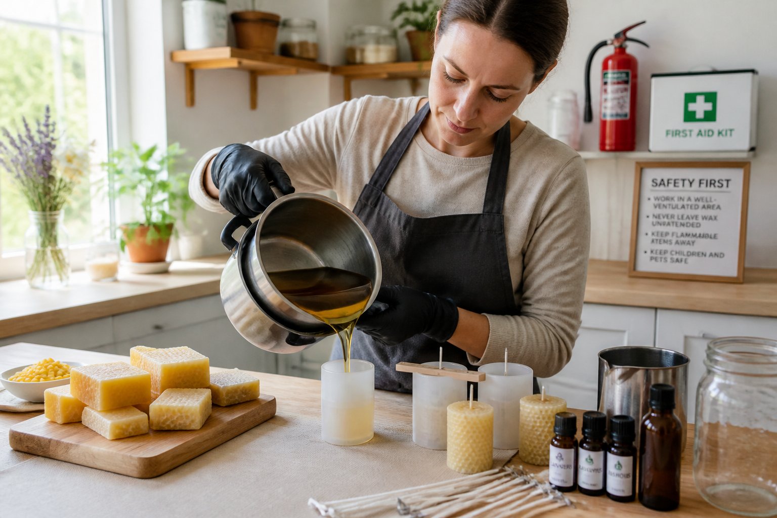 A person pouring melted beeswax into a candle mold on a kitchen counter surrounded by beeswax blocks, wicks, and safety equipment.