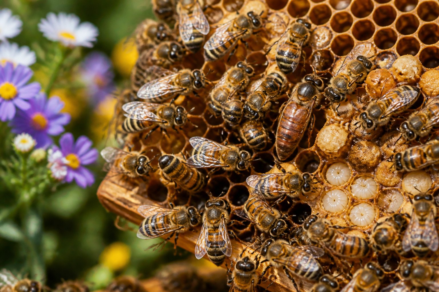 Close-up view of a bee colony with bees working on honeycomb cells, including a queen bee and developing larvae inside the hive.