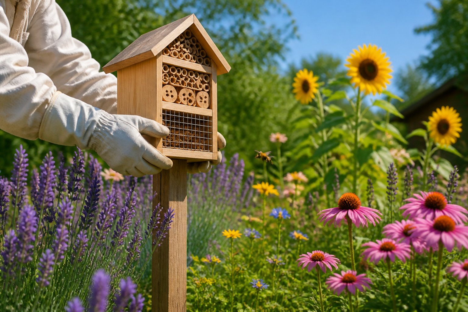 A person in gloves placing a bee house in a colorful garden with bees pollinating flowers on a sunny day.