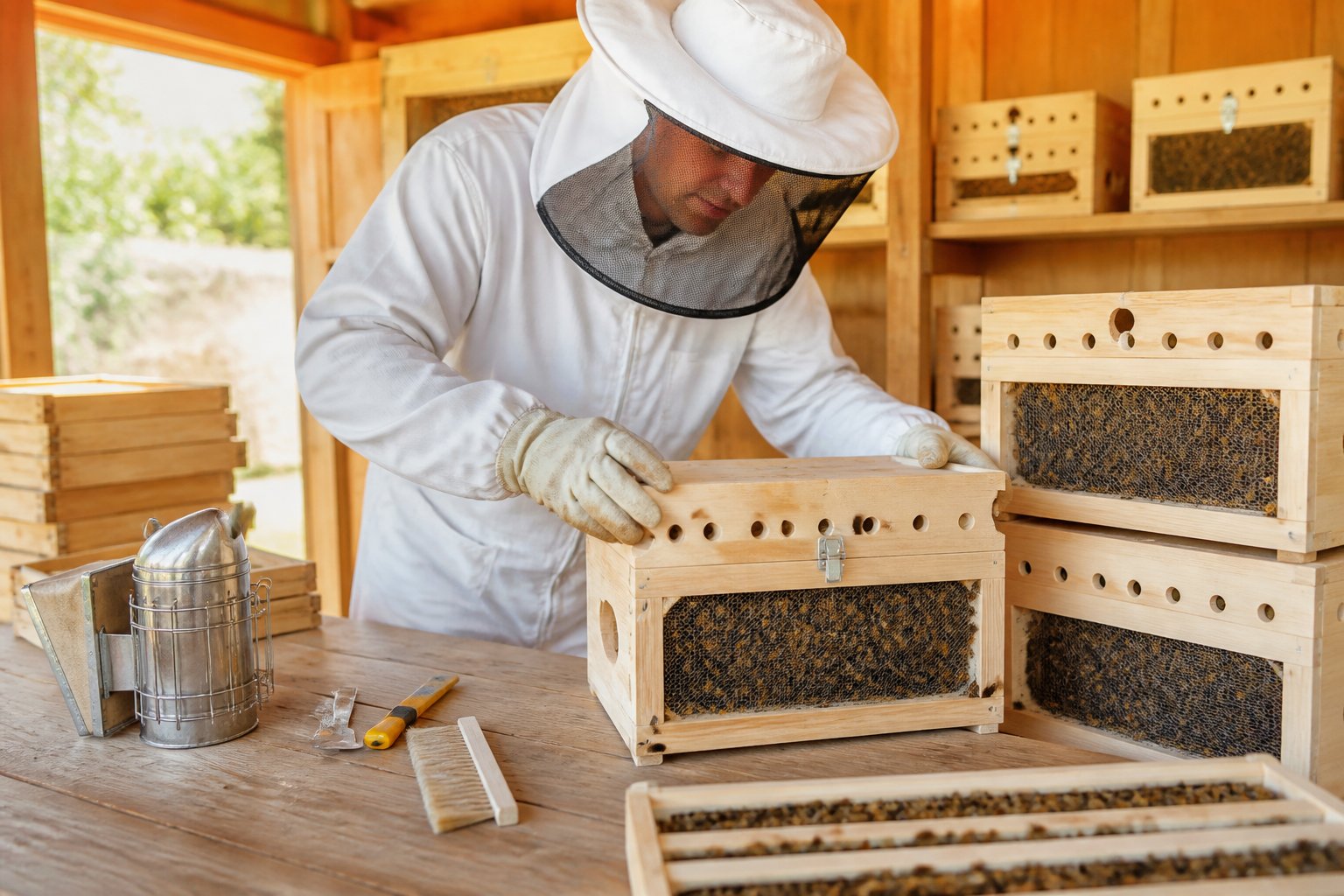 A beekeeper in protective clothing packing wooden bee transport boxes in a bright apiary workspace.