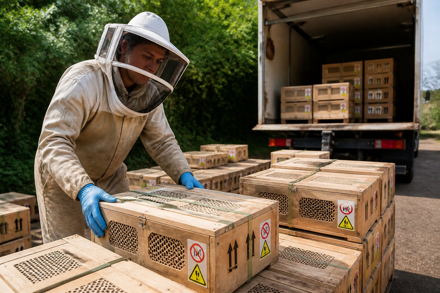 A beekeeper in protective clothing handling ventilated wooden boxes for shipping bees near a delivery truck outdoors.