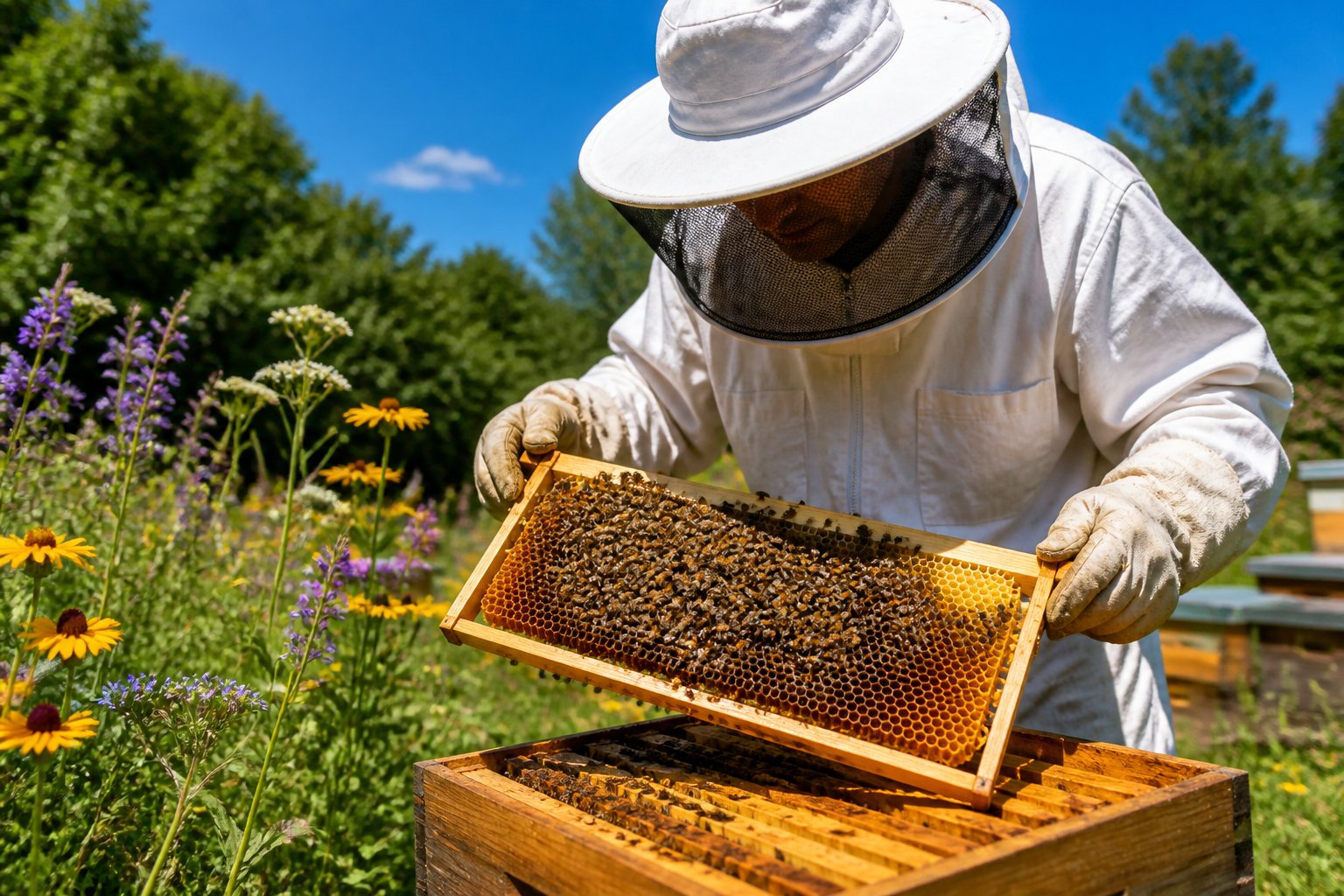 A beekeeper in protective gear carefully holding a frame covered with calm bees in an outdoor apiary surrounded by flowers.