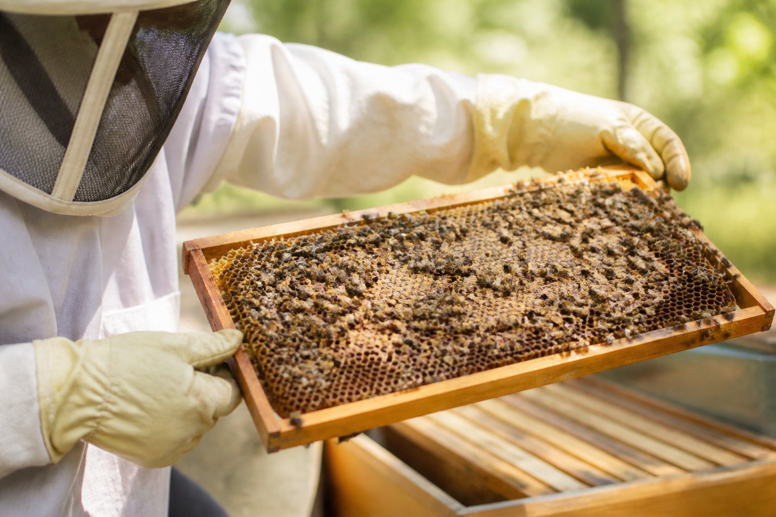 A beekeeper in protective clothing gently holding a frame covered with calm bees in an outdoor setting.
