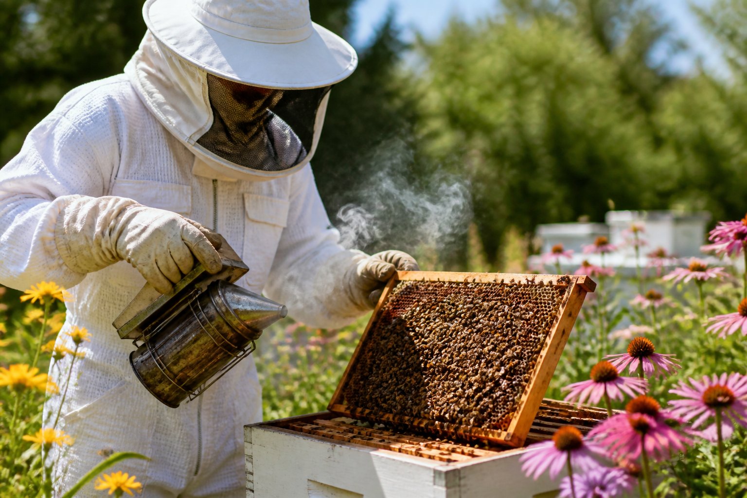 A beekeeper in protective gear using a smoker near a beehive surrounded by flowers outdoors.