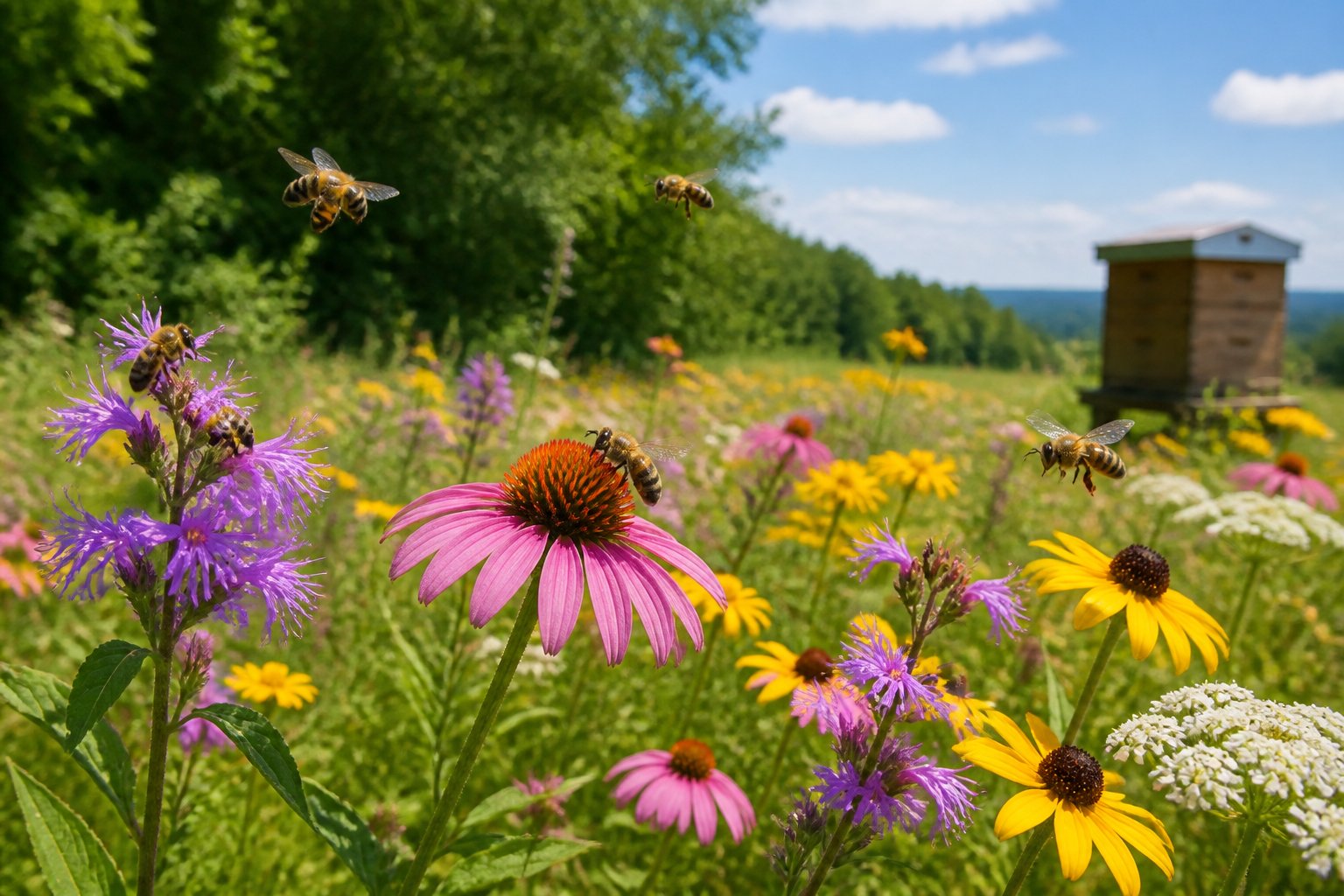Bees flying and pollinating wildflowers in a meadow near a forest edge with a wooden beehive in the background.