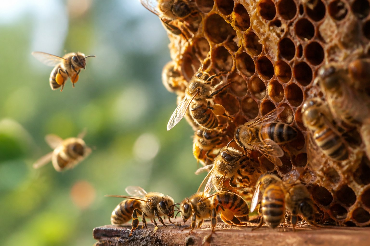 Close-up of bees working together to build and support a honeycomb nest inside a hive.