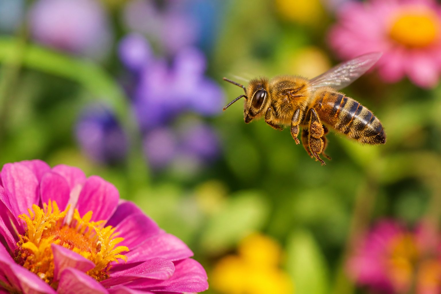 A honeybee flying above colorful flowers in a garden.