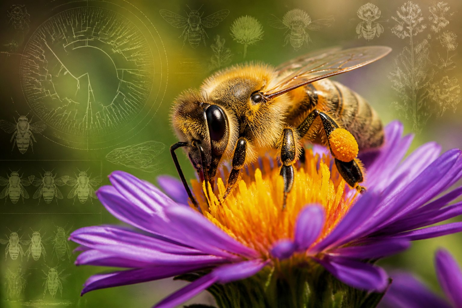 Close-up of a honeybee on a flower with faint scientific diagrams and Latin text in the background representing scientific naming.