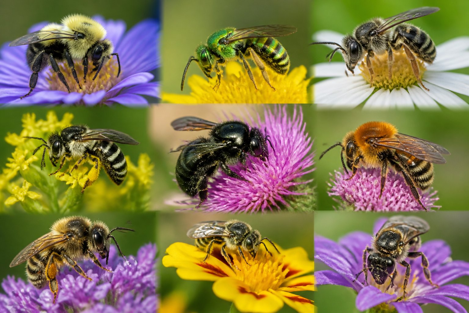 Several different types of bees collecting nectar from colorful flowers in a natural outdoor setting.