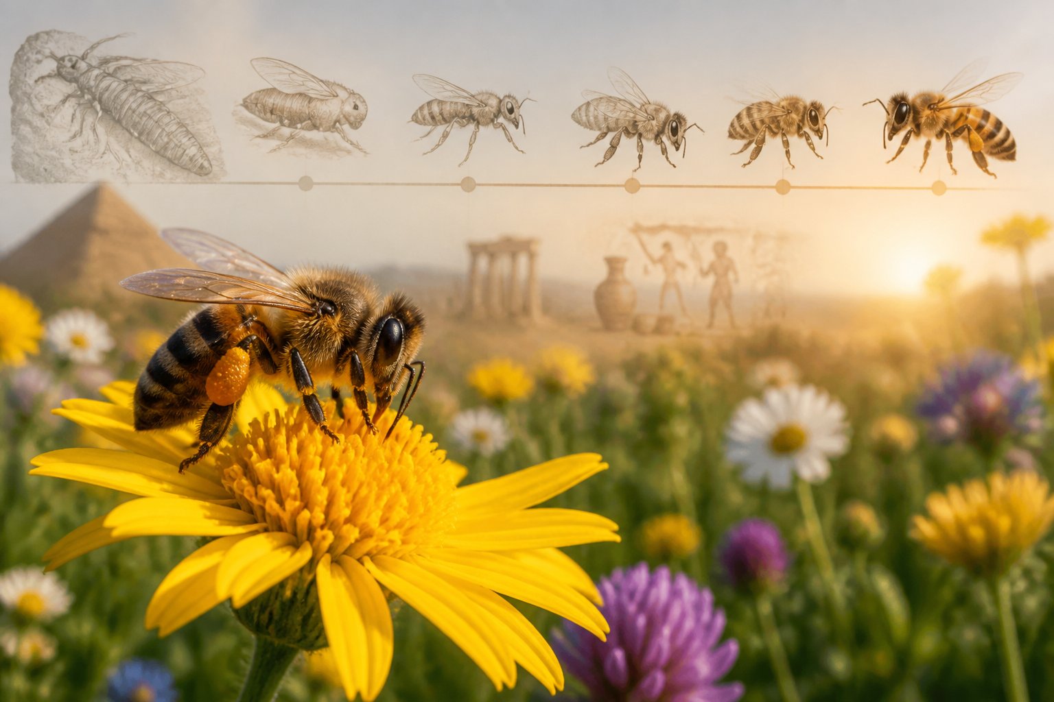 A close-up of a honeybee on a yellow flower with a blurred background showing an evolutionary timeline of bees.
