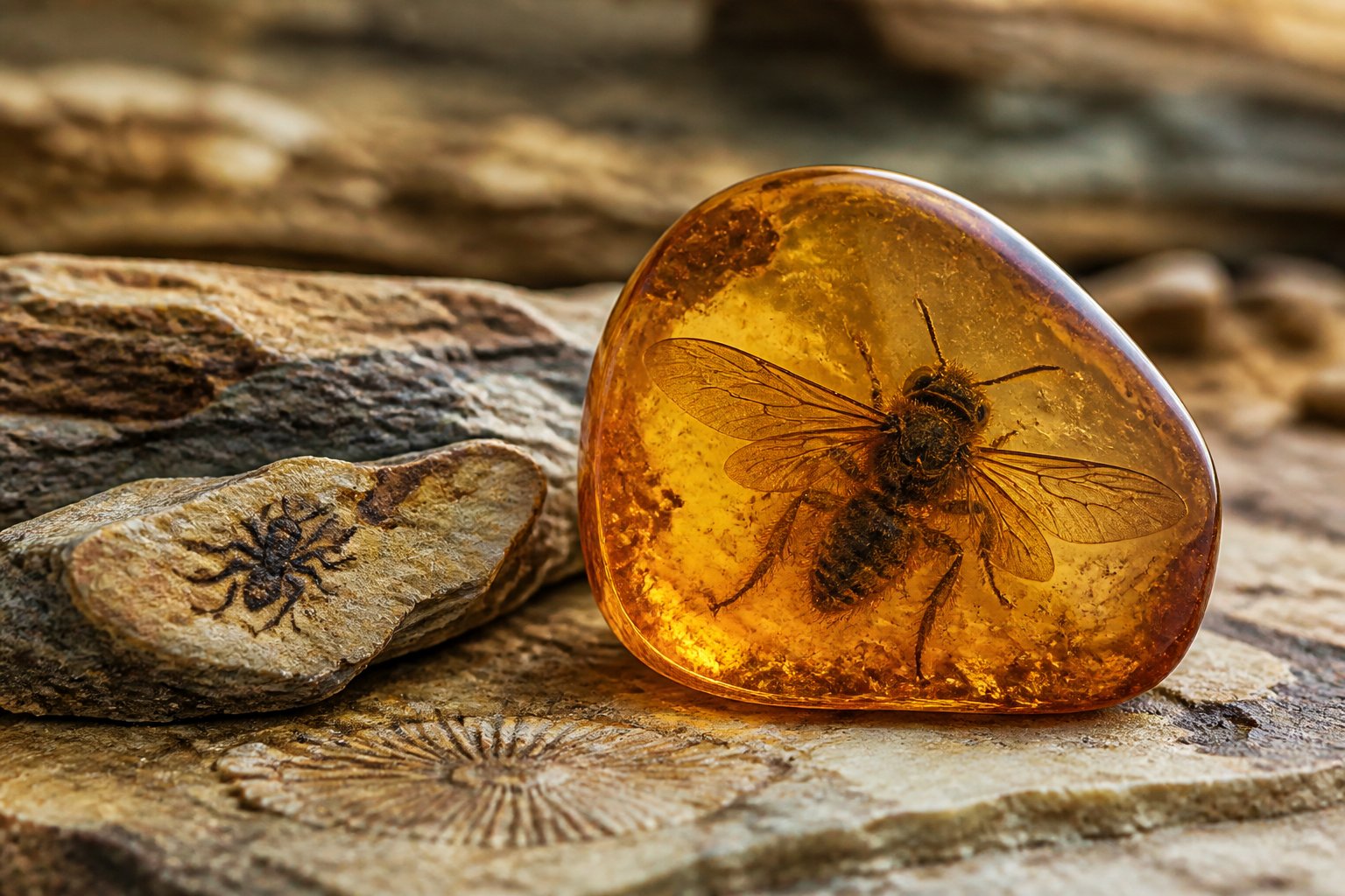 Close-up of a fossilized bee preserved in amber surrounded by ancient geological layers.