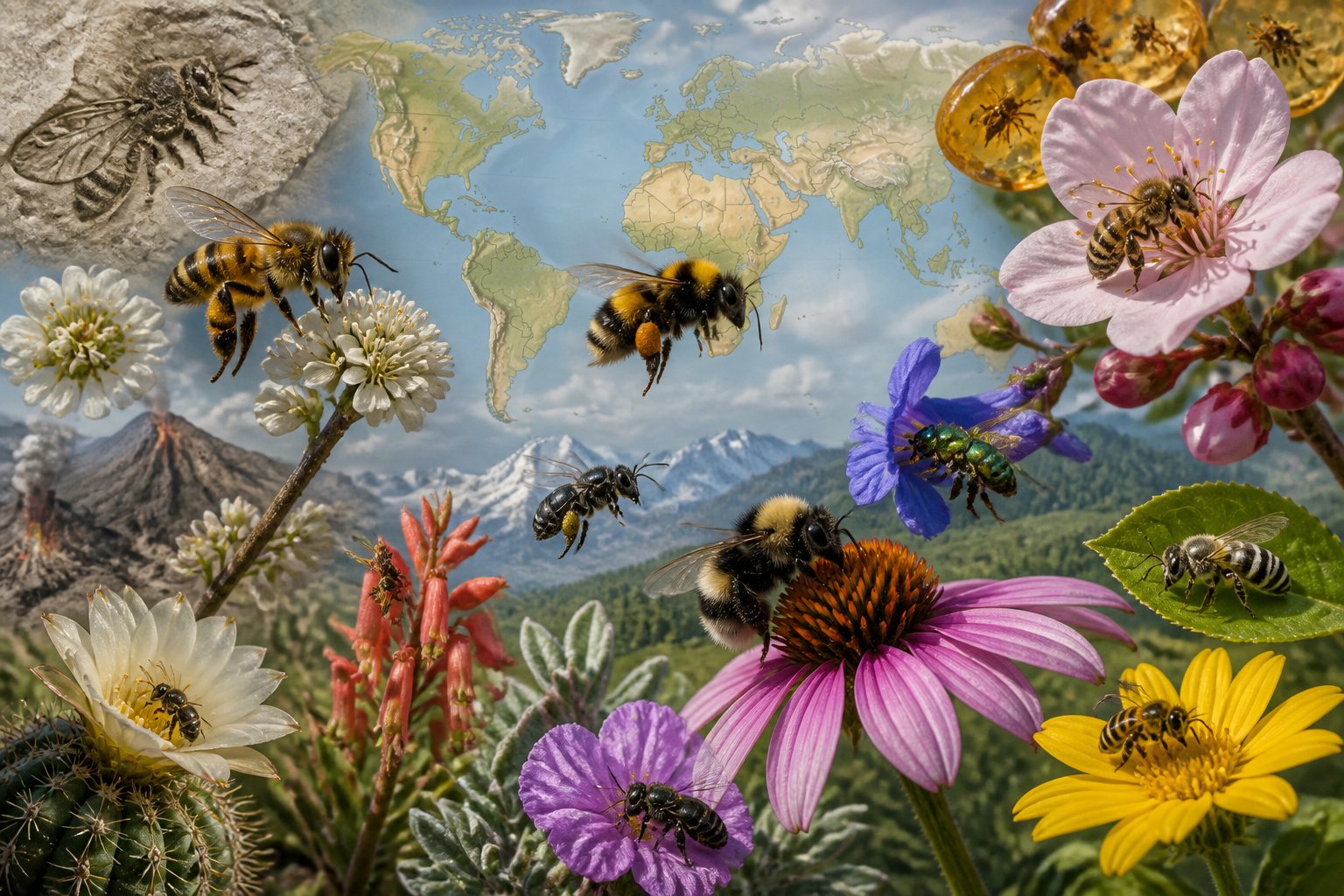 Multiple species of bees flying and pollinating flowers with a faint world map and ancient plant elements in the background.
