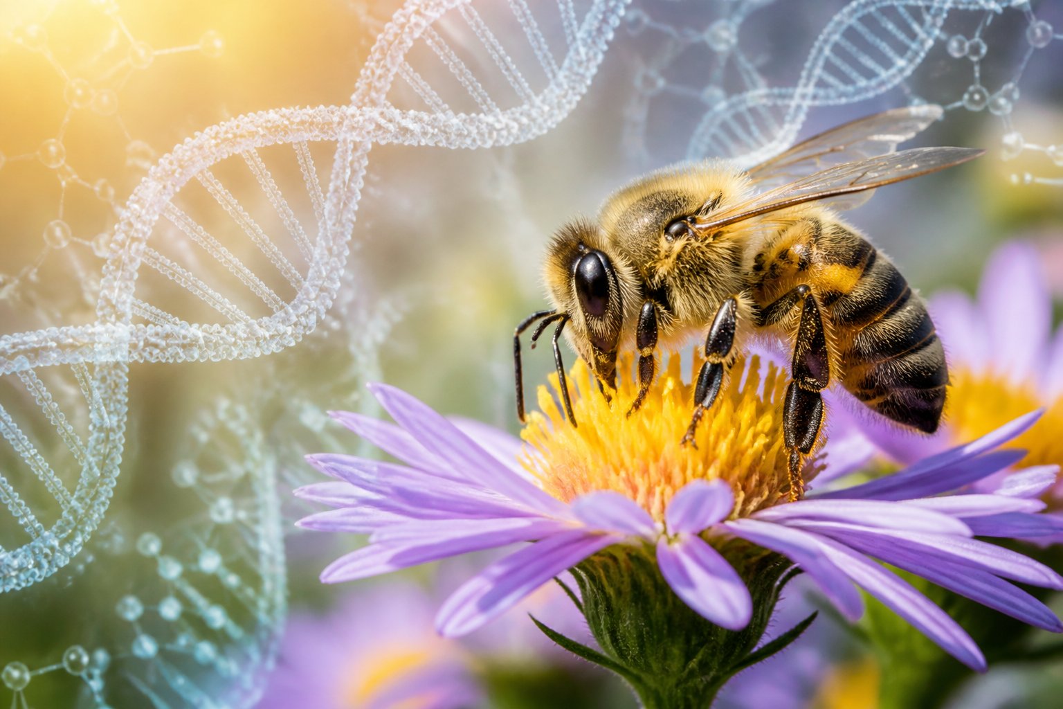 A close-up of a honeybee on a flower with faint DNA strands overlayed in the background, symbolizing genetics and bee evolution.