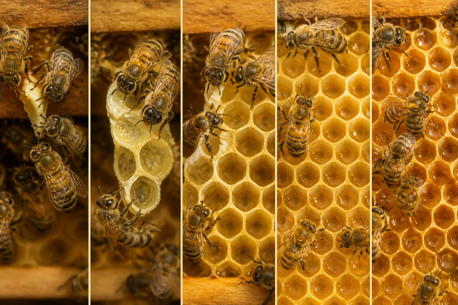 Close-up of bees building a honeycomb with hexagonal wax cells inside a beehive.