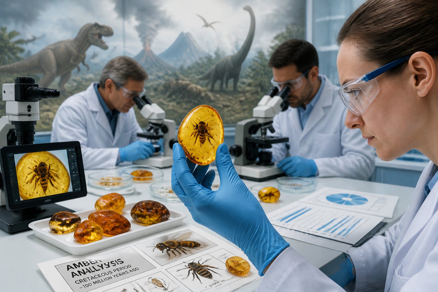 Scientists examining fossilized bees in amber in a laboratory with microscopes and scientific equipment.