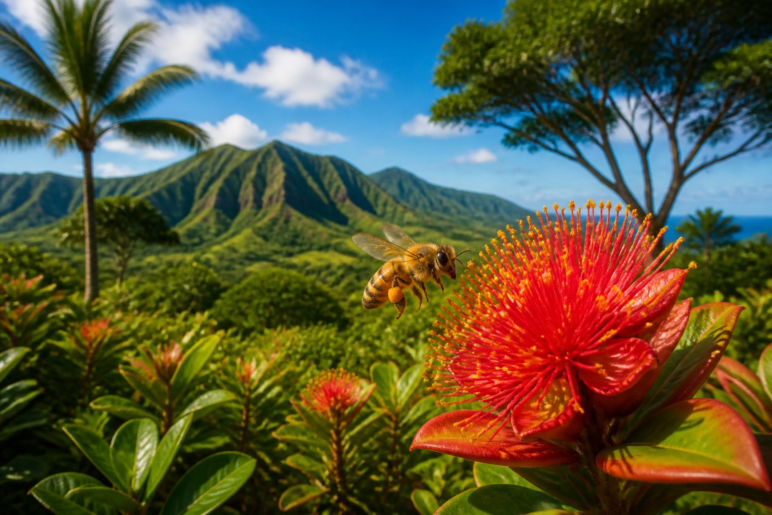 A honey bee flying near a flower with Hawaiian mountains and tropical plants in the background.